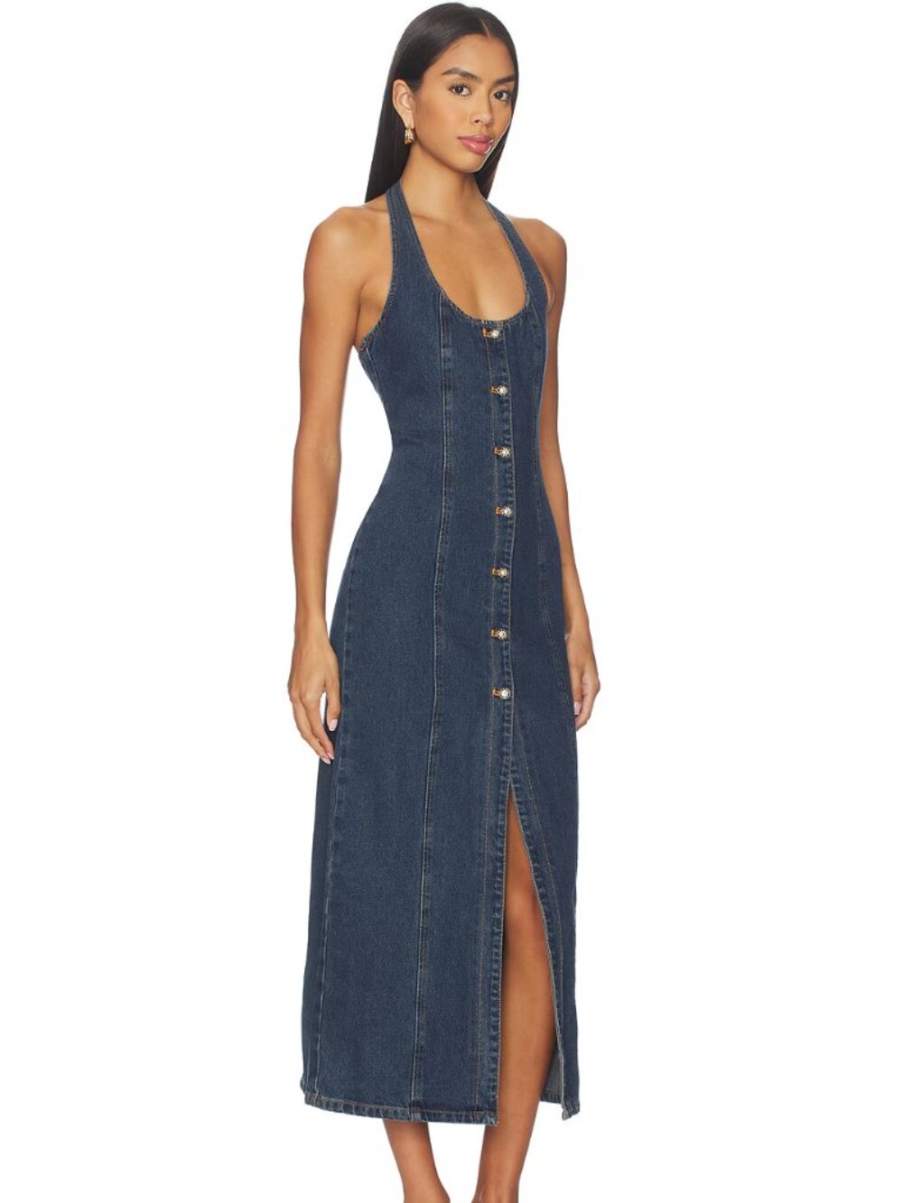 NWT LIONESS Kenny Denim Button Down Halter Maxi Dress Small